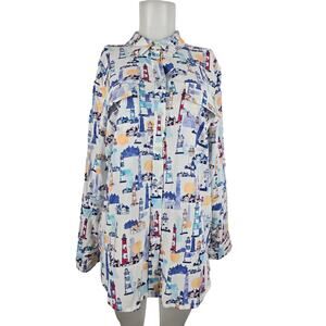 Chico's Multicolor Novelty Light House Button Up Long Sleeve Women Blouse 2 - M